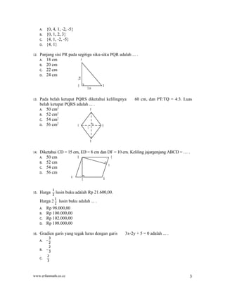 3) Kardinalitas
•   Jumlah elemen di dalam A disebut kardinal dari himpunan A.
•   Notasi: n(A) atau A 

Contoh :
(i) B = { x | x merupakan bilangan prima yang lebih kecil dari 20 },
       atau B = {2, 3, 5, 7, 11, 13, 17, 19} maka B = 8
(ii) T = {kucing, a, Amir, 10, paku}, maka T = 5
(iii) A = {a, {a}, {{a}} }, maka A = 3



4) Himpunan Kosong
•   Himpunan dengan kardinal = 0 disebut himpunan kosong (null set).
•   Notasi : ∅ atau {}


Contoh :
(i) E = { x | x < x }, maka n(E) = 0
(ii) P = { orang Indonesia yang pernah ke bulan }, maka n(P) = 0
(iii) A = {x | x adalah akar persamaan kuadrat x2 + 1 = 0 }, n(A) = 0

•   himpunan {{ }} dapat juga ditulis sebagai {∅}
•   himpunan {{ }, {{ }}} dapat juga ditulis sebagai {∅, {∅}}
•   {∅} bukan himpunan kosong karena ia memuat satu elemen yaitu himpunan kosong.



5) Himpunan Bagian (Subset)
•   Himpunan A dikatakan himpunan bagian dari himpunan B jika dan hanya jika setiap elemen
    A merupakan elemen dari B.
•   Dalam hal ini, B dikatakan superset dari A.
•   Notasi: A ⊆ B

•   Diagram Venn:
                                U

                                                        B
                                            A
 