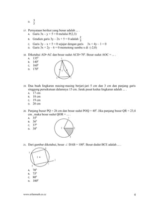 Contoh :
(i) { 1, 2, 3} ⊆ {1, 2, 3, 4, 5}
(ii) {1, 2, 3} ⊆ {1, 2, 3}
(iii) N ⊆ Z ⊆ R ⊆ C
(iv) Jika A = { (x, y) | x + y < 4, x ≥, y ≥ 0 } dan
      B = { (x, y) | 2x + y < 4, x ≥ 0 dan y ≥ 0 }, maka B ⊆ A.




TEOREMA 1. Untuk sembarang himpunan A berlaku hal-hal sebagai berikut:
(a) A adalah himpunan bagian dari A itu sendiri (yaitu, A ⊆ A).
(b) Himpunan kosong merupakan himpunan bagian dari A ( ∅ ⊆ A).
(c) Jika A ⊆ B dan B ⊆ C, maka A ⊆ C

•   ∅ ⊆ A dan A ⊆ A, maka ∅ dan A disebut himpunan bagian tak sebenarnya (improper subset)
    dari himpunan A.
    Contoh: A = {1, 2, 3}, maka {1, 2, 3} dan ∅ adalah improper subset dari A.

•    A ⊆ B berbeda dengan A ⊂ B
    (i)        A ⊂ B : A adalah himpunan bagian dari B tetapi A ≠ B.
        A adalah himpunan bagian sebenarnya (proper subset) dari B.

        Contoh: {1} dan {2, 3} adalah proper subset dari {1, 2, 3}

    (ii) A ⊆ B : digunakan untuk menyatakan bahwa A adalah himpunan bagian (subset) dari B
         yang memungkinkan A = B.




6) Himpunan yang Sama

•   A = B jika dan hanya jika setiap elemen A merupakan elemen B dan sebaliknya setiap elemen
    B merupakan elemen A.

•   A = B jika A adalah himpunan bagian dari B dan B adalah himpunan bagian dari A. Jika tidak
    demikian, maka A ≠ B.

•   Notasi : A = B ↔ A ⊆ B dan B ⊆ A
 