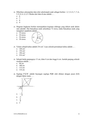 Contoh :

(i) Jika A = { 0, 1 } dan B = { x | x (x – 1) = 0 }, maka A = B
(ii) Jika A = { 3, 5, 8, 5 } dan B = {5, 3, 8 }, maka A = B
(iii) Jika A = { 3, 5, 8, 5 } dan B = {3, 8}, maka A ≠ B
Untuk tiga buah himpunan, A, B, dan C berlaku aksioma berikut:

    (a) A = A, B = B, dan C = C

    (b) jika A = B, maka B = A

    (c) jika A = B dan B = C, maka A = C



7) Himpunan yang Ekivalen

•   Himpunan A dikatakan ekivalen dengan himpunan B jika dan hanya jika kardinal dari kedua
    himpunan tersebut sama.

•   Notasi : A ~ B ↔ A = B



Contoh :

Misalkan A = { 1, 3, 5, 7 } dan B = { a, b, c, d }, maka A ~ B sebab A = B = 4




8) Himpunan Saling Lepas

•   Dua himpunan A dan B dikatakan saling lepas (disjoint) jika keduanya tidak memiliki
    elemen yang sama.

•   Notasi : A // B

•   Diagram Venn:
 