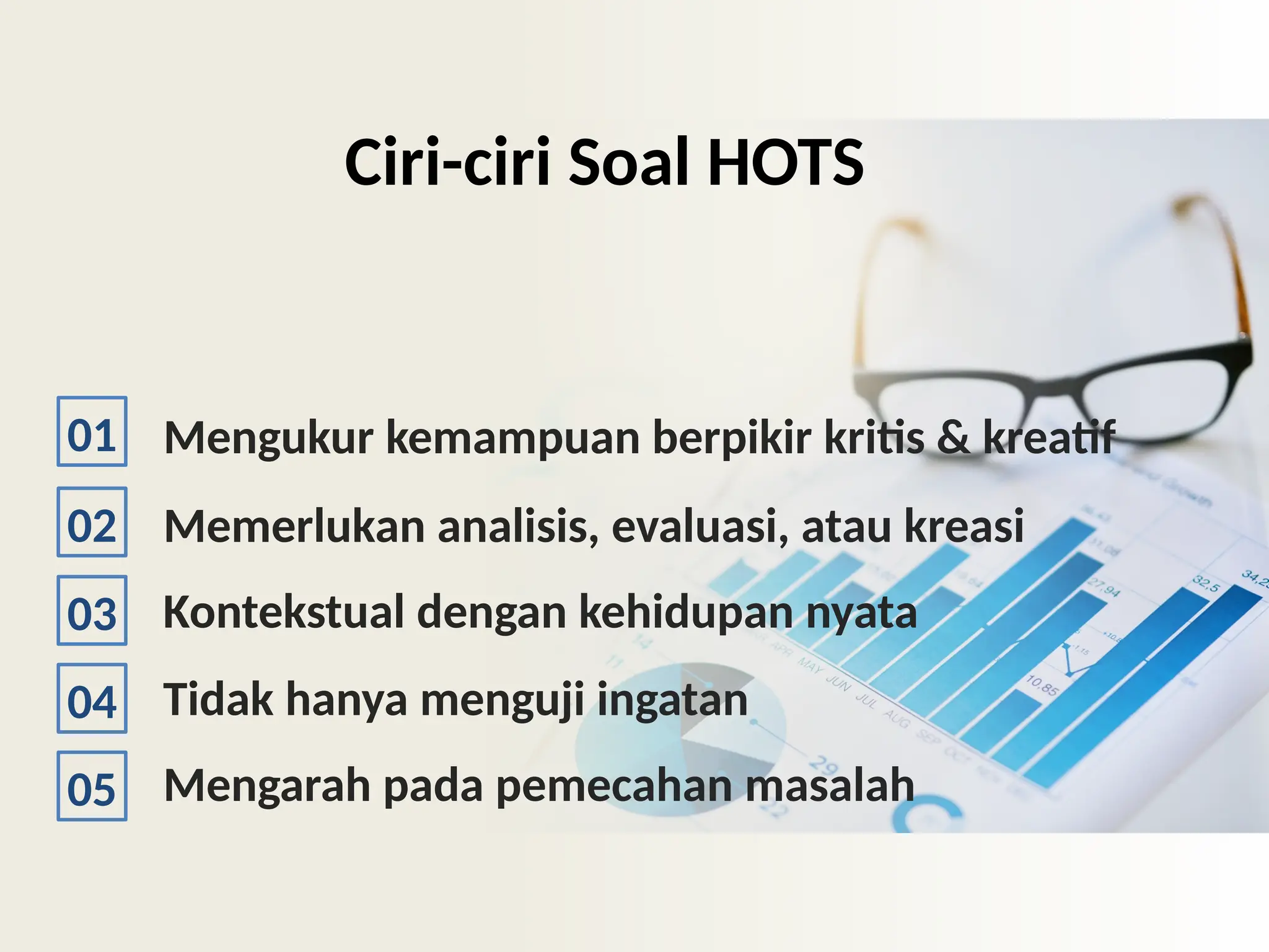 Mengukur kemampuan berpikir kritis & kreatif
Memerlukan analisis, evaluasi, atau kreasi
Kontekstual dengan kehidupan nyata
Ciri-ciri Soal HOTS
01
02
03
Tidak hanya menguji ingatan
Mengarah pada pemecahan masalah
04
05
 