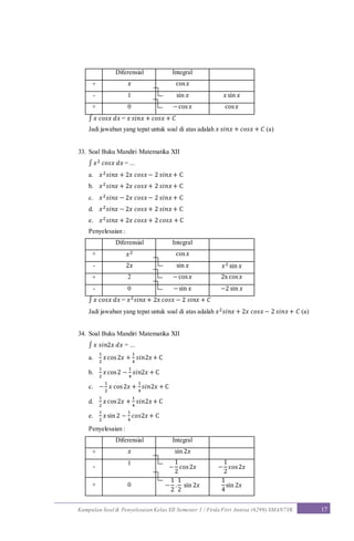 Kumpulan Soal & Penyelesaian Kelas XII Semester 1 / Firda Fitri Annisa (6299) SMAN7YK 17
Diferensial Integral
+ 𝑥 cos 𝑥
- 1 sin 𝑥 𝑥sin 𝑥
+ 0 −cos 𝑥 cos 𝑥
∫ 𝑥 𝑐𝑜𝑠𝑥 𝑑𝑥 = 𝑥 𝑠𝑖𝑛𝑥 + 𝑐𝑜𝑠𝑥 + 𝐶
Jadi jawaban yang tepat untuk soal di atas adalah 𝑥 𝑠𝑖𝑛𝑥 + 𝑐𝑜𝑠𝑥 + 𝐶 (a)
33. Soal Buku Mandiri Matematika XII
∫ 𝑥2 𝑐𝑜𝑠𝑥 𝑑𝑥 = ...
a. 𝑥2 𝑠𝑖𝑛𝑥 + 2𝑥 𝑐𝑜𝑠𝑥− 2 𝑠𝑖𝑛𝑥+ C
b. 𝑥2 𝑠𝑖𝑛𝑥 + 2𝑥 𝑐𝑜𝑠𝑥+ 2 𝑠𝑖𝑛𝑥+ C
c. 𝑥2 𝑠𝑖𝑛𝑥 − 2𝑥 𝑐𝑜𝑠𝑥− 2 𝑠𝑖𝑛𝑥+ C
d. 𝑥2 𝑠𝑖𝑛𝑥 − 2𝑥 𝑐𝑜𝑠𝑥+ 2 𝑠𝑖𝑛𝑥+ C
e. 𝑥2 𝑠𝑖𝑛𝑥 + 2𝑥 𝑐𝑜𝑠𝑥+ 2 𝑐𝑜𝑠𝑥 + C
Penyelesaian :
Diferensial Integral
+ 𝑥2 cos 𝑥
- 2𝑥 sin 𝑥 𝑥2 sin 𝑥
+ 2 −cos 𝑥 2x cos 𝑥
- 0 −sin 𝑥 −2 sin 𝑥
∫ 𝑥 𝑐𝑜𝑠𝑥 𝑑𝑥 = 𝑥2 𝑠𝑖𝑛𝑥+ 2𝑥 𝑐𝑜𝑠𝑥 − 2 𝑠𝑖𝑛𝑥 + 𝐶
Jadi jawaban yang tepat untuk soal di atas adalah 𝑥2 𝑠𝑖𝑛𝑥 + 2𝑥 𝑐𝑜𝑠𝑥− 2 𝑠𝑖𝑛𝑥+ 𝐶 (a)
34. Soal Buku Mandiri Matematika XII
∫ 𝑥 𝑠𝑖𝑛2𝑥 𝑑𝑥 = ...
a.
1
2
𝑥cos2𝑥 +
1
4
𝑠𝑖𝑛2𝑥+ C
b.
1
2
𝑥cos2 −
1
4
𝑠𝑖𝑛2𝑥 + C
c. −
1
2
𝑥 cos2𝑥 +
1
4
𝑠𝑖𝑛2𝑥 + C
d.
1
2
𝑥cos2𝑥 +
1
4
𝑠𝑖𝑛2𝑥+ C
e.
1
2
𝑥sin 2 −
1
4
𝑐𝑜𝑠2𝑥+ C
Penyelesaian :
Diferensial Integral
+ 𝑥 sin 2𝑥
-
1
−
1
2
cos2𝑥 −
1
2
cos2𝑥
+ 0 −
1
2
.
1
2
sin 2𝑥
1
4
sin 2𝑥
 