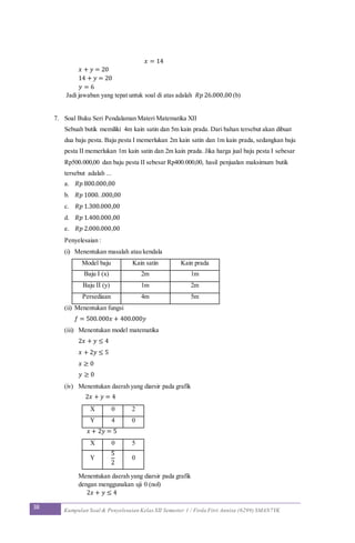 38 Kumpulan Soal & Penyelesaian Kelas XII Semester 1 / Firda Fitri Annisa (6299) SMAN7YK
𝑥 = 14
𝑥 + 𝑦 = 20
14 + 𝑦 = 20
𝑦 = 6
Jadi jawaban yang tepat untuk soal di atas adalah 𝑅𝑝 26.000,00 (b)
7. Soal Buku Seri Pendalaman Materi Matematika XII
Sebuah butik memiliki 4m kain satin dan 5m kain prada. Dari bahan tersebut akan dibuat
dua baju pesta. Baju pesta I memerlukan 2m kain satin dan 1m kain prada, sedangkan baju
pesta II memerlukan 1m kain satin dan 2m kain prada. Jika harga jual baju pesta I sebesar
Rp500.000,00 dan baju pesta II sebesar Rp400.000,00, hasil penjualan maksimum butik
tersebut adalah ...
a. 𝑅𝑝 800.000,00
b. 𝑅𝑝 1000. .000,00
c. 𝑅𝑝 1.300.000,00
d. 𝑅𝑝 1.400.000,00
e. 𝑅𝑝 2.000.000,00
Penyelesaian :
(i) Menentukan masalah atau kendala
Model baju Kain satin Kain prada
Baju I (x) 2m 1m
Baju II (y) 1m 2m
Persediaan 4m 5m
(ii) Menentukan fungsi
𝑓 = 500.000𝑥 + 400.000𝑦
(iii) Menentukan model matematika
2𝑥 + 𝑦 ≤ 4
𝑥 + 2𝑦 ≤ 5
𝑥 ≥ 0
𝑦 ≥ 0
(iv) Menentukan daerah yang diarsir pada grafik
2𝑥 + 𝑦 = 4
X 0 2
Y 4 0
𝑥 + 2𝑦 = 5
X 0 5
Y
5
2
0
Menentukan daerah yang diarsir pada grafik
dengan menggunakan uji 0 (nol)
2𝑥 + 𝑦 ≤ 4
 