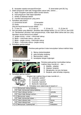 B. kecepatan sepeda mencapai 60 km/jam D. berat badan jamil 26,3 kg
3. Dalam pengukuran lebih baik menggunakan satuan baku, karena ....
A. dapat mengalami perubahan dalam kondisi tertentu
B. hasil pengukuran tidak dapat dipastikan
C. berlaku di beberapa daerah
D. memiliki hasil pengukuran yang sama
4. Perhatikan data berikut :
(1) konsentrasi larutan (3) kecepatan
(2) Waktu (4) kuat arus
yang termasuk besaran turunan adalah ....
A. (1) dan (3) B. (1) dan (4) C. (2) dan (3) D. (2) dan (4)
5. Dari percobaan yang dilakukan, dihasilkan data sebagai berikut: 2,4 cm; 0,45 cm; dan 0,225
cm. Berdasarkan penulisan hasil pengukurannya, maka dapat dilihat bahwa alat ukur yang
digunakan secara berturut-turut adalah ....
A. Jangka sorong – mistar – mikrometer sekrup
B. Mistar – mikrometer sekrup – pita ukur
C. Mistar – jangka sorong – mikrometer sekrup
D. Mistar – mikrometer sekrup – jangka sorong
6. Perhatikan gambar berikut!
Peristiwa pada gambar di atas menunjukkan bahwa makhluk hidup
….
A. Mampu berkembangbiak
B. peka terhadap rangsang
C. Membutuhkan makan
D. beradaptasi dengan lingkungan
7. Perhatikan gambar berikut!
Peristiwa pada gambar membuktikan bahwa
makhluk hidup memilili ciri … dan ….
A. Iritabilita , adaptasi
B. Adaptasi, bergerak
C. Mengeluarka zat sisa, bernapas
D. Bergerak, peka terhadap rangsang
8. Perhatikan gambar berikut !
Kingdom dari makhluk hidup di atas memiliki ciri ....
A. prokariotik, autotrof
B. multiseluler, autotrof
C. Eukariotik, heterotrof
D. Berklorofil, heterotroph
9. Perhatikan kunci determinasi di bawah ini !
1 A Mempunyai tulang belakang .. 2
B Tidak mempunyai tulang belakang ........ 3
2 A Tubuh ditutupi rambut ..... mamalia
B Tubuh tidak ditutupi rambut ... 4
3 A Mempunyai sayap .... Lepidoptera
B Tidak mempunyai sayap ..... 5
4 A Tubuh ditutupi sisik ................ Pisces
B Tubuh ditutupi bulu ............ Aves
5 A Mempunyai 3 pasang kaki ..... Coleoptera
 