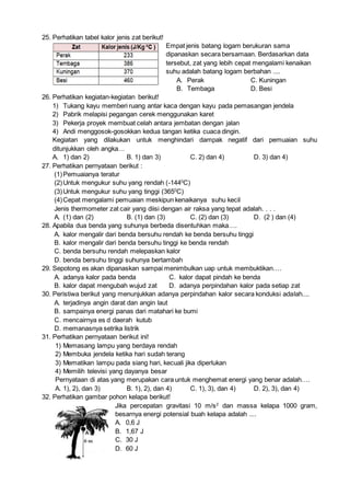 25. Perhatikan tabel kalor jenis zat berikut!
Empat jenis batang logam berukuran sama
dipanaskan secara bersamaan. Berdasarkan data
tersebut, zat yang lebih cepat mengalami kenaikan
suhu adalah batang logam berbahan ....
A. Perak C. Kuningan
B. Tembaga D. Besi
26. Perhatikan kegiatan-kegiatan berikut!
1) Tukang kayu memberi ruang antar kaca dengan kayu pada pemasangan jendela
2) Pabrik melapisi pegangan cerek menggunakan karet
3) Pekerja proyek membuat celah antara jembatan dengan jalan
4) Andi menggosok-gosokkan kedua tangan ketika cuaca dingin.
Kegiatan yang dilakukan untuk menghindari dampak negatif dari pemuaian suhu
ditunjukkan oleh angka…
A. 1) dan 2) B. 1) dan 3) C. 2) dan 4) D. 3) dan 4)
27. Perhatikan pernyataan berikut :
(1)Pemuaianya teratur
(2)Untuk mengukur suhu yang rendah (-1440
C)
(3)Untuk mengukur suhu yang tinggi (3650
C)
(4)Cepat mengalami pemuaian meskipun kenaikanya suhu kecil
Jenis thermometer zat cair yang diisi dengan air raksa yang tepat adalah. . . .
A. (1) dan (2) B. (1) dan (3) C. (2) dan (3) D. (2 ) dan (4)
28. Apabila dua benda yang suhunya berbeda disentuhkan maka….
A. kalor mengalir dari benda bersuhu rendah ke benda bersuhu tinggi
B. kalor mengalir dari benda bersuhu tinggi ke benda rendah
C. benda bersuhu rendah melepaskan kalor
D. benda bersuhu tinggi suhunya bertambah
29. Sepotong es akan dipanaskan sampai menimbulkan uap untuk membuktikan….
A. adanya kalor pada benda C. kalor dapat pindah ke benda
B. kalor dapat mengubah wujud zat D. adanya perpindahan kalor pada setiap zat
30. Peristiwa berikut yang menunjukkan adanya perpindahan kalor secara konduksi adalah....
A. terjadinya angin darat dan angin laut
B. sampainya energi panas dari matahari ke bumi
C. mencairnya es d daerah kutub
D. memanasnya setrika listrik
31. Perhatikan pernyataan berikut ini!
1) Memasang lampu yang berdaya rendah
2) Membuka jendela ketika hari sudah terang
3) Mematikan lampu pada siang hari, kecuali jika diperlukan
4) Memilih televisi yang dayanya besar
Pernyataan di atas yang merupakan cara untuk menghemat energi yang benar adalah….
A. 1), 2), dan 3) B. 1), 2), dan 4) C. 1), 3), dan 4) D. 2), 3), dan 4)
32. Perhatikan gambar pohon kelapa berikut!
Jika percepatan gravitasi 10 m/s2
dan massa kelapa 1000 gram,
besarnya energi potensial buah kelapa adalah ....
A. 0,6 J
B. 1,67 J
C. 30 J
D. 60 J
 