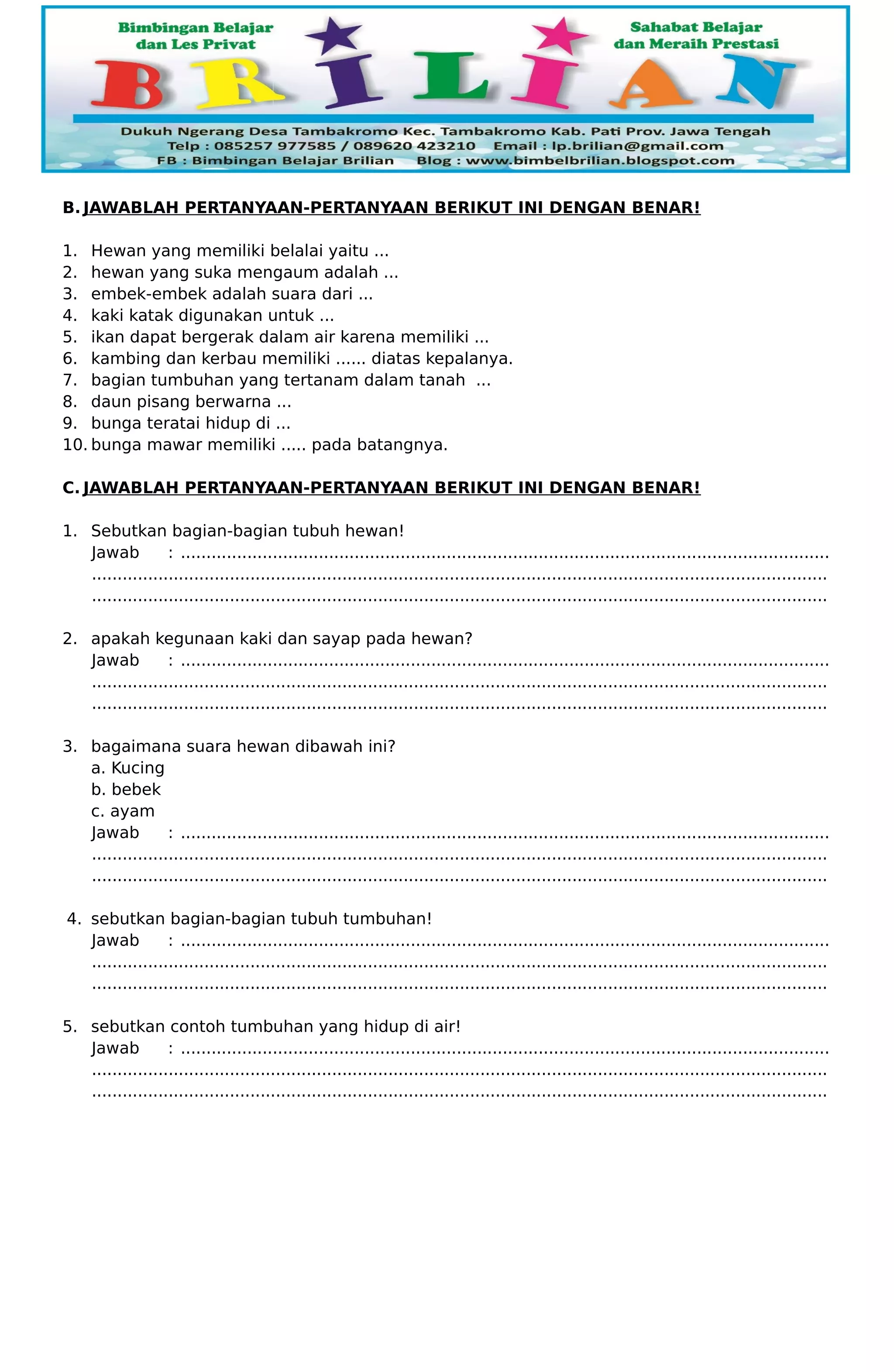 Contoh soal ipa kelas 2 tentang bagian-bagian tubuh hewan