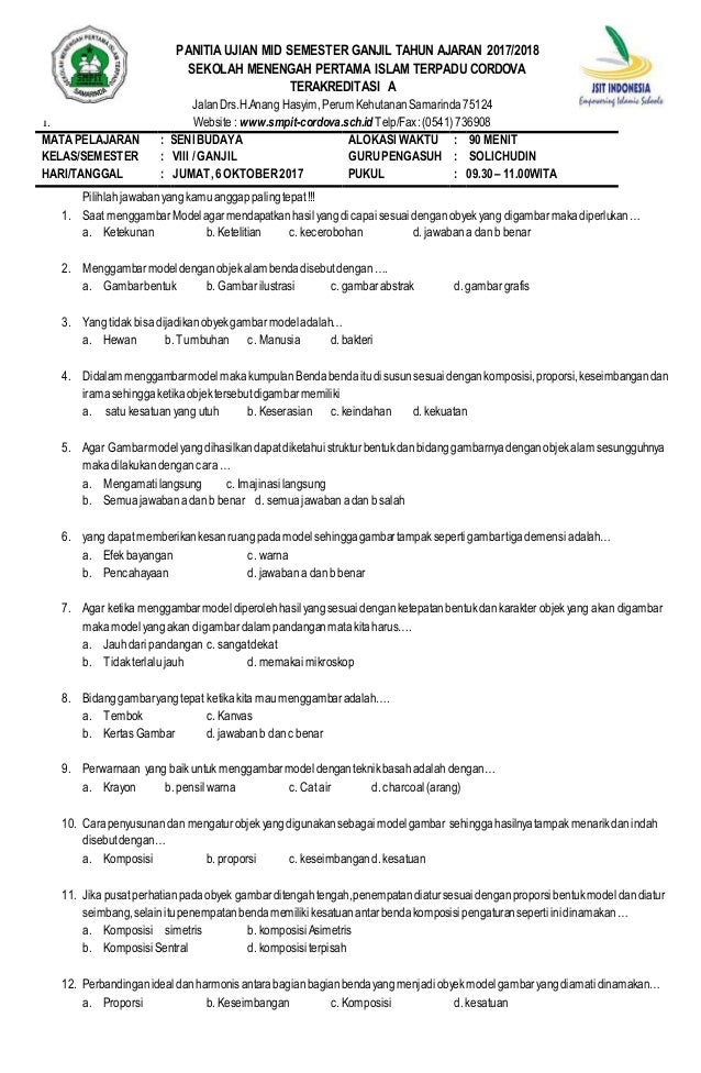 Soal Seni Budaya Kelas 7 Semester 1 Kurikulum 2013