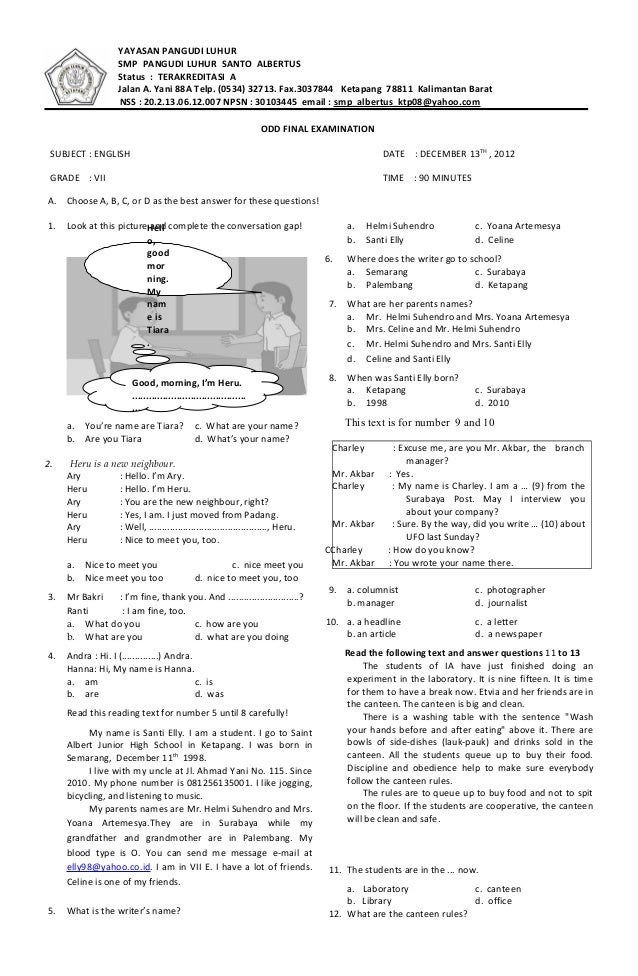 kelas bahasa vii soal inggris semester kelas VII ( 2012 2013) Soal 1 kelas bahasa vii soal inggris semester kelas VII ( 2012 2013) Soal 1