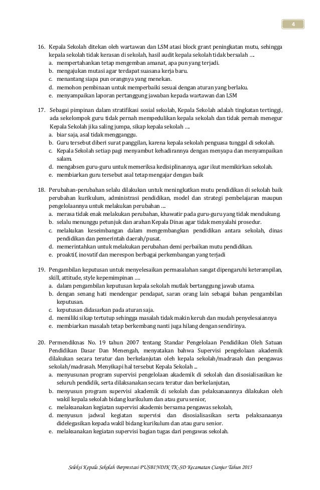 Contoh Soal Seleksi Kepala Sekolah Berprestasi Contoh Soal Terbaru