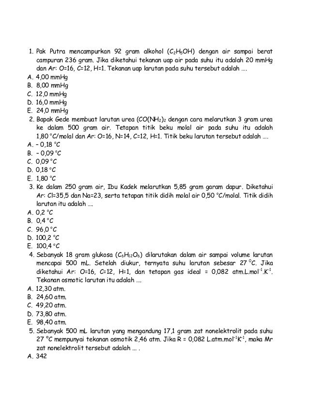 Soal Latihan UTS Kimia Kelas XII bab sifat koligatif larutan