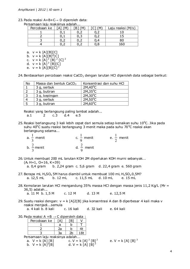 Soal kimia kelas xi semester 1 kurikulum 2013
