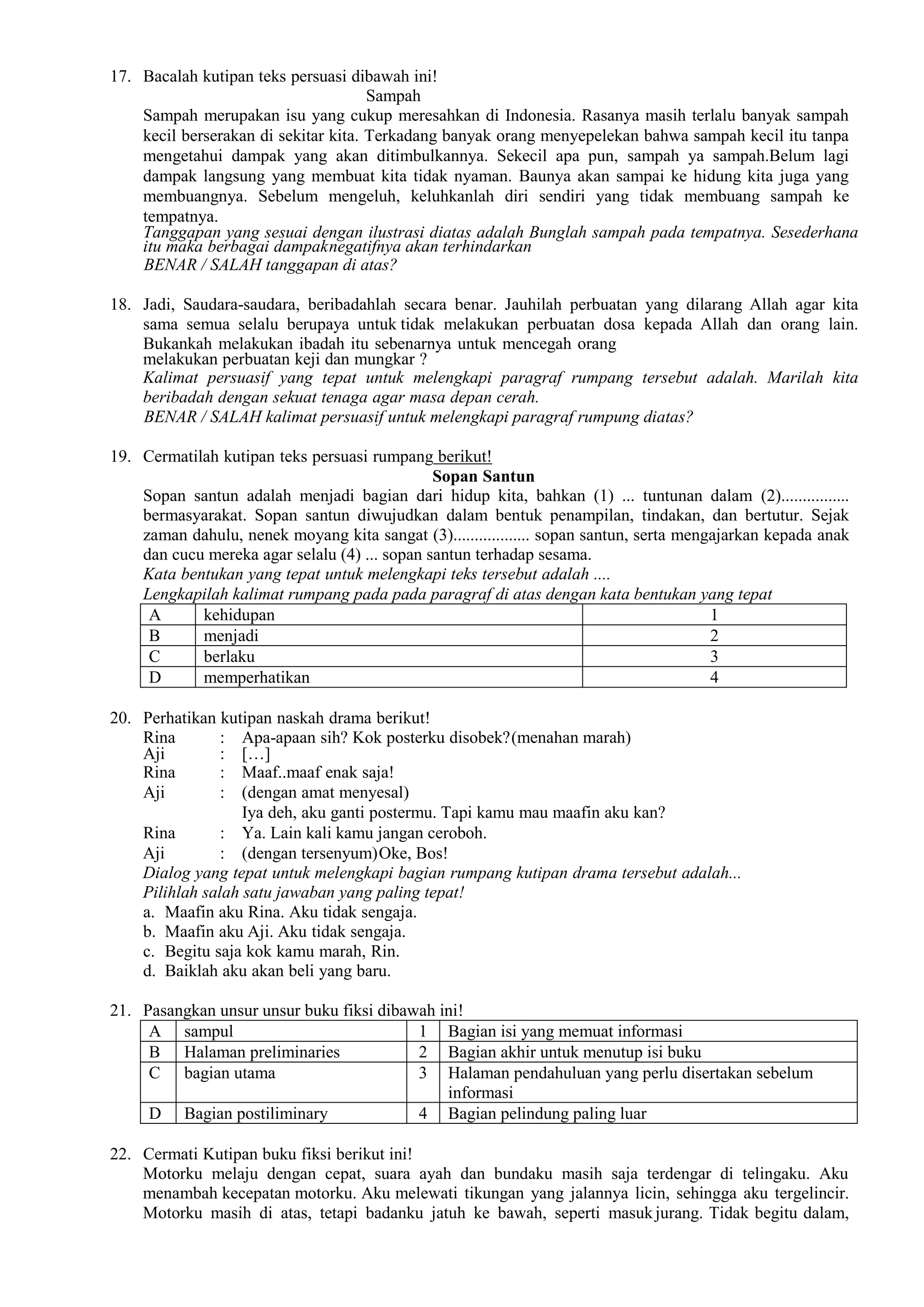 Latihan Soal bahasa Indonesia untuk anak sekolah sekelas SMP atau pun ...