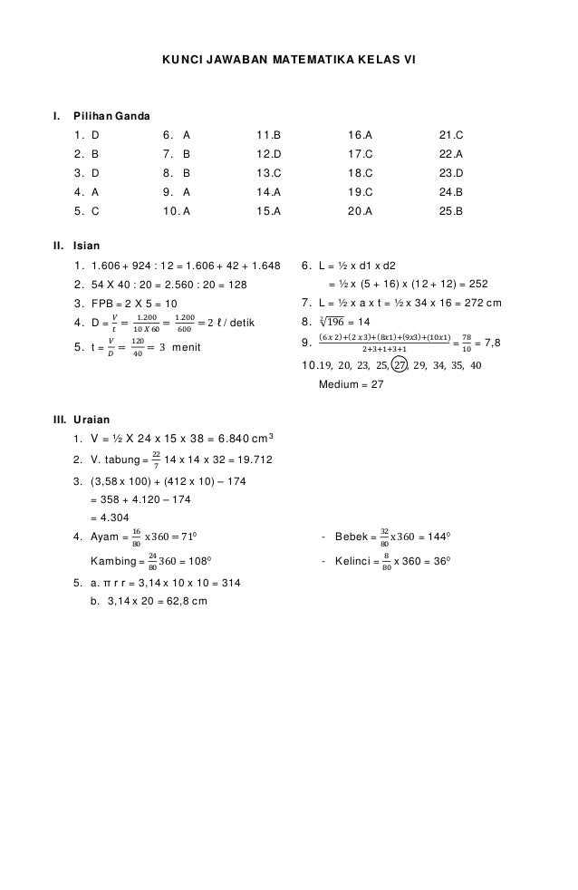 Soal Matematika Dan Jawaban Kelas 6