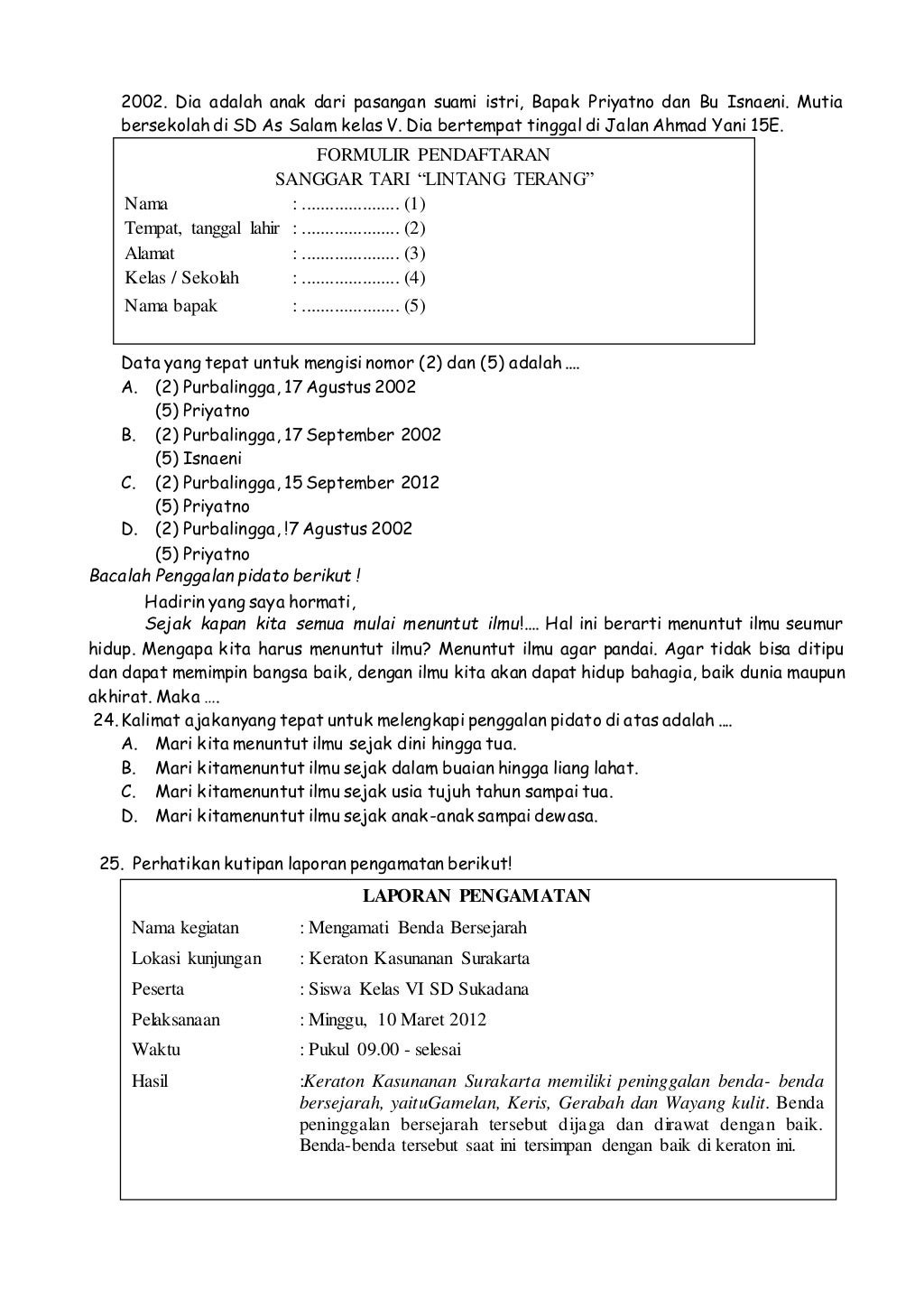 Soal latihan pembinaan lomba siswa berprestasi