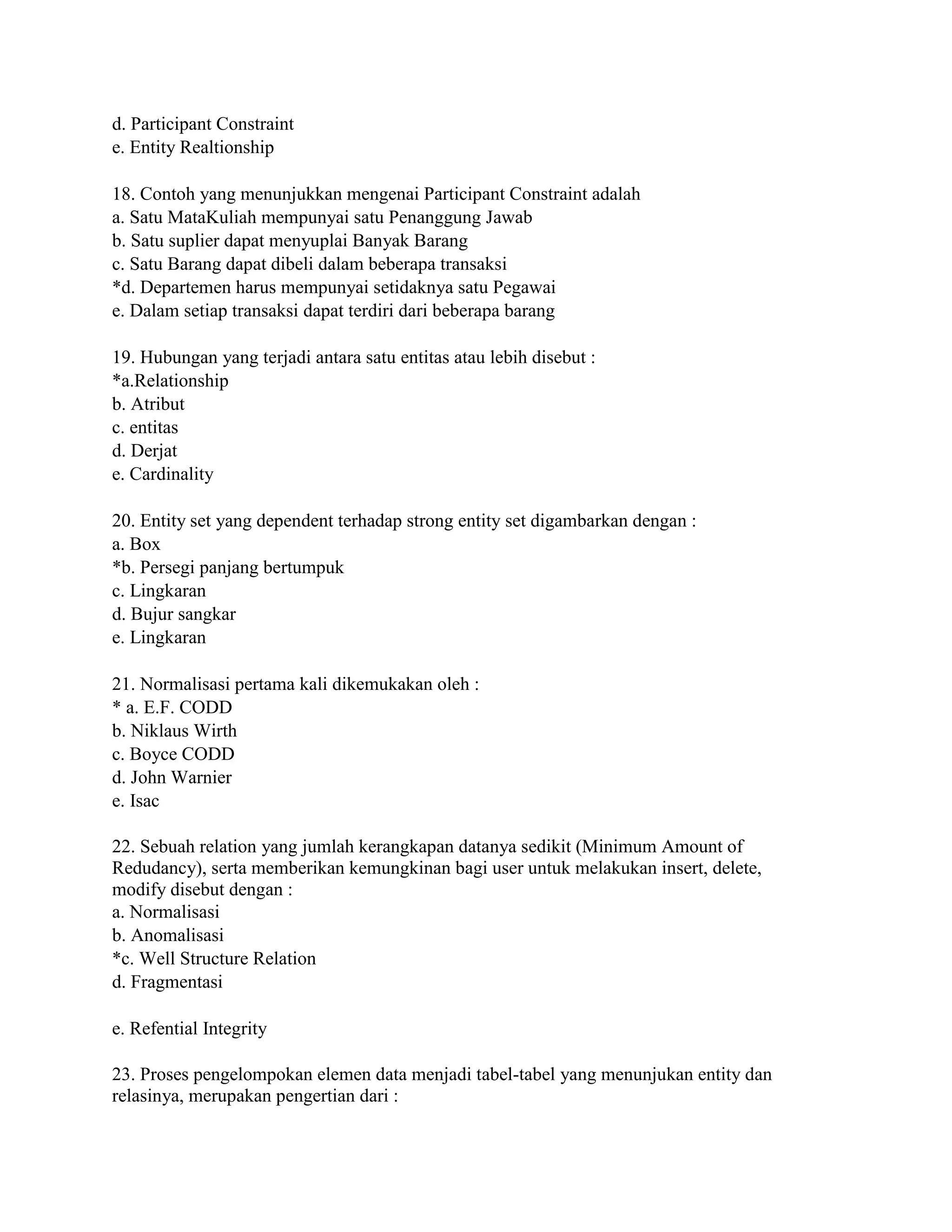 d. Participant Constraint
e. Entity Realtionship
18. Contoh yang menunjukkan mengenai Participant Constraint adalah
a. Satu MataKuliah mempunyai satu Penanggung Jawab
b. Satu suplier dapat menyuplai Banyak Barang
c. Satu Barang dapat dibeli dalam beberapa transaksi
*d. Departemen harus mempunyai setidaknya satu Pegawai
e. Dalam setiap transaksi dapat terdiri dari beberapa barang
19. Hubungan yang terjadi antara satu entitas atau lebih disebut :
*a.Relationship
b. Atribut
c. entitas
d. Derjat
e. Cardinality
20. Entity set yang dependent terhadap strong entity set digambarkan dengan :
a. Box
*b. Persegi panjang bertumpuk
c. Lingkaran
d. Bujur sangkar
e. Lingkaran
21. Normalisasi pertama kali dikemukakan oleh :
* a. E.F. CODD
b. Niklaus Wirth
c. Boyce CODD
d. John Warnier
e. Isac
22. Sebuah relation yang jumlah kerangkapan datanya sedikit (Minimum Amount of
Redudancy), serta memberikan kemungkinan bagi user untuk melakukan insert, delete,
modify disebut dengan :
a. Normalisasi
b. Anomalisasi
*c. Well Structure Relation
d. Fragmentasi
e. Refential Integrity
23. Proses pengelompokan elemen data menjadi tabel-tabel yang menunjukan entity dan
relasinya, merupakan pengertian dari :
 