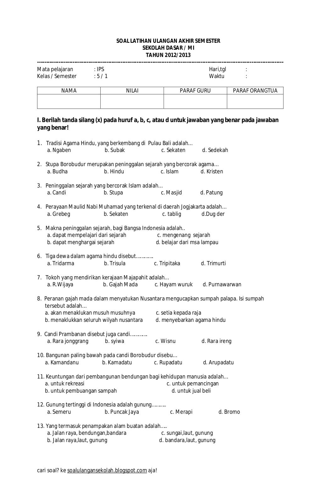 Soal latihan uas ips kelas 5 sd semester 1