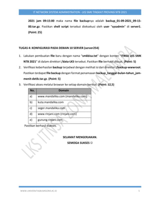 WWW.UNIVERSITASBUMIGORA.AC.ID 5
IT NETWORK SYSTEM ADMINISTRATION - LKS SMK TINGKAT PROVINSI NTB 2021
2021 jam 09:15:00 maka nama file backupnya adalah backup_01-09-2021_09-15-
00.tar.gz. Pastikan shell script tersebut dieksekusi oleh user “sysadmin” di server1.
(Point: 25)
TUGAS 4: KONFIGURASI PADA DEBIAN 10 SERVER (server254)
1. Lakukan pembuatan file baru dengan nama “smkbisa.txt” dengan konten “ITNSA LKS SMK
NTB 2021” di dalam direktori /data-LKS tersebut. Pastikan file berhasil dibuat. (Point: 5)
2. Verifikasi keberhasilan backup terjadwal dengan melihat isi dari direktori /backup-wwwroot.
Pastikan terdapat file backup dengan format penamaaan backup_tanggal-bulan-tahun_jam-
menit-detik.tar.gz. (Point: 5)
3. Verifikasi akses melalui browser ke setiap domain berikut: (Point: 12,5)
No. Domain
a) www.mandalika.com (mandalika.com)
b) kuta.mandalika.com
c) seger.mandalika.com
d) www.rinjani.com (rinjani.com)
e) gunung.rinjani.com
Pastikan berhasil diakses.
SELAMAT MENGERJAKAN.
SEMOGA SUKSES 
 