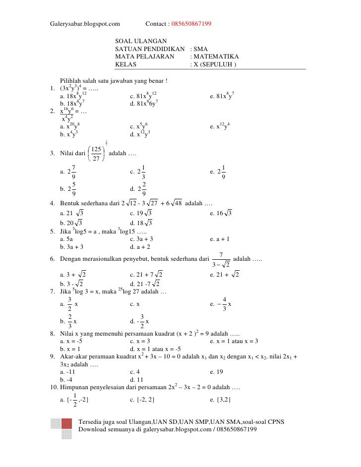 Contoh Soal Matematika Kelas 10 Semester 1 Dan Penyelesaiannya