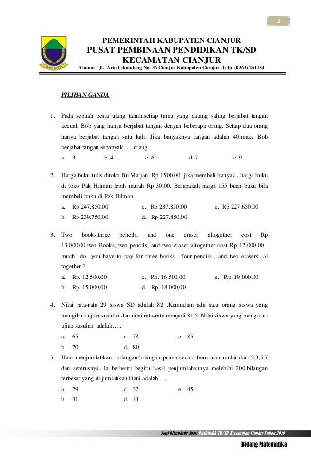 Latihan Soal Olimpiade Matematika Sd