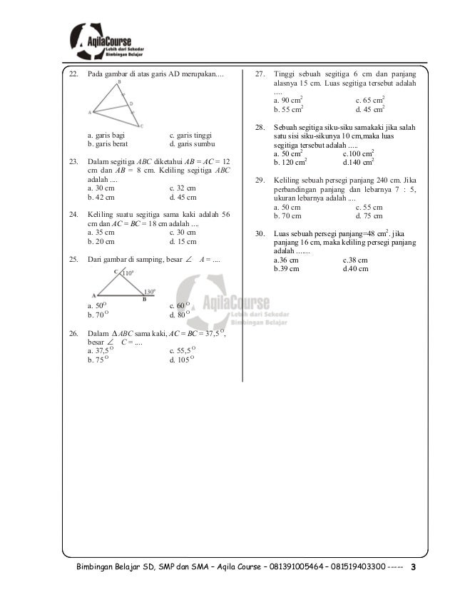 Soal UTS Matematika Kelas 3 SD Semester 1 (Ganjil) dan Kunci Jawaban