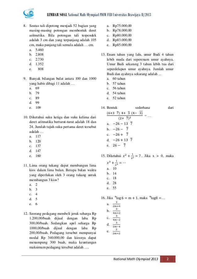 Soal Olimpiade Matematika SMA Tingkat Nasional PDIM UB 2013