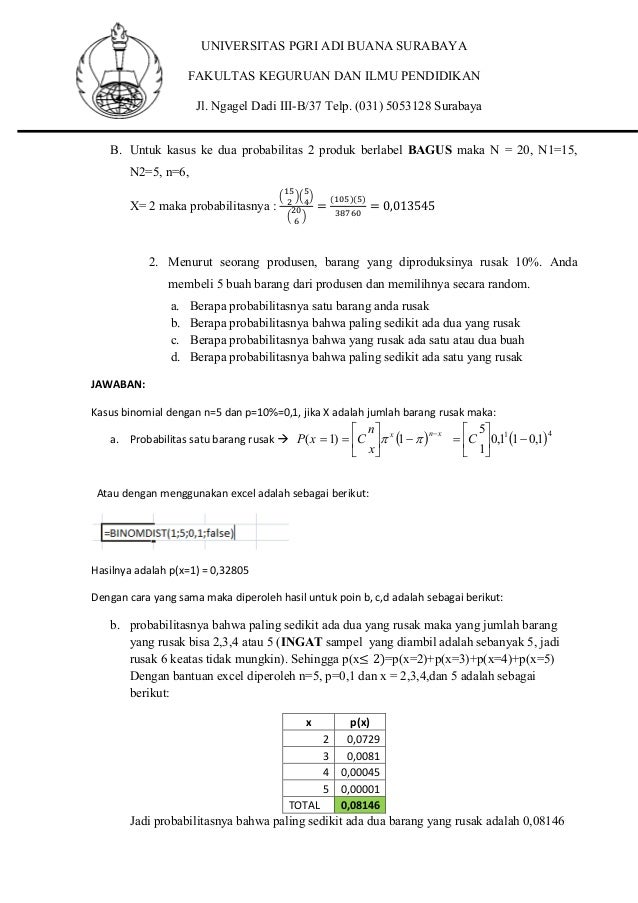 Contoh Soal Distribusi Binomial Paling Sedikit Terbaru 2019