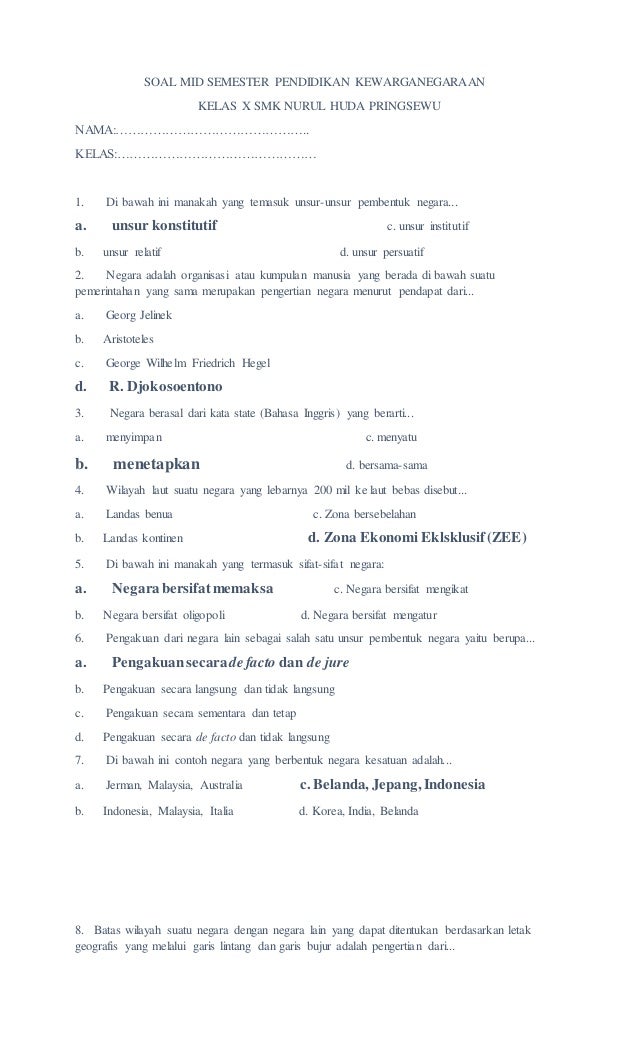 Soal Mid Semester Pkn Kelas X