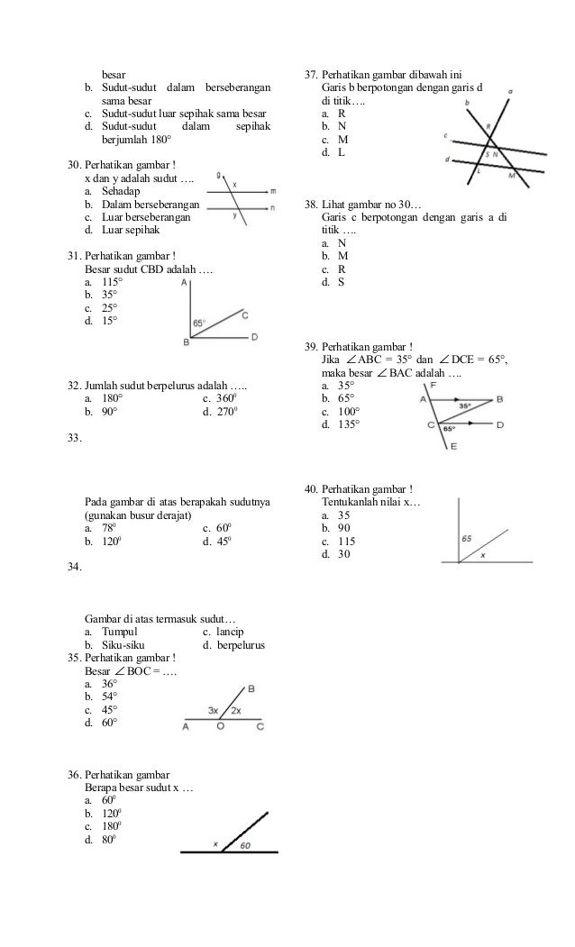 Soal dan jawaban matematika kelas 7 tentang garis dan sudut