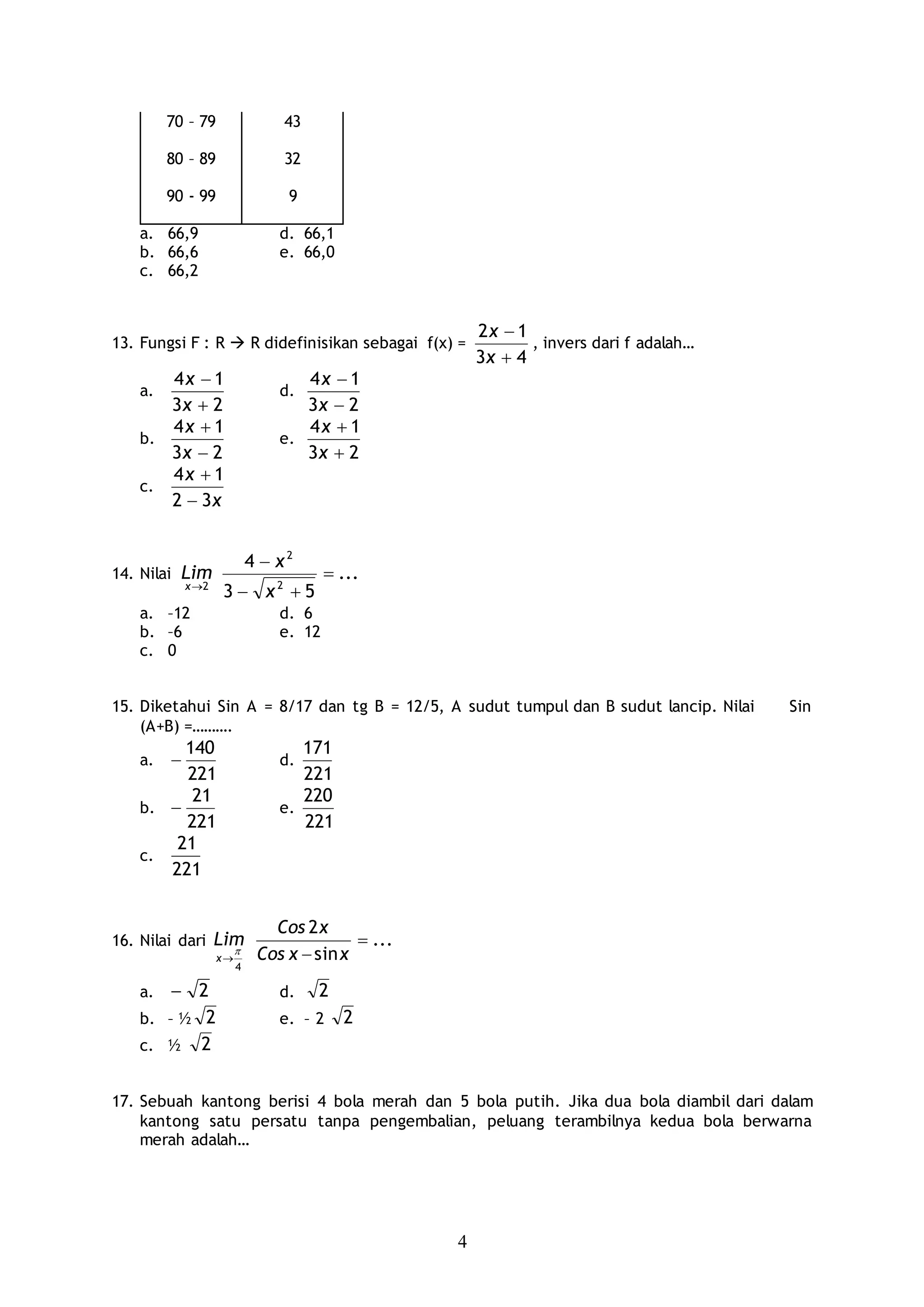 4
70 – 79 43
80 – 89 32
90 - 99 9
a. 66,9 d. 66,1
b. 66,6 e. 66,0
c. 66,2
13. Fungsi F : R  R didefinisikan sebagai f(x) =
43
12


x
x
, invers dari f adalah…
a.
23
14


x
x
d.
23
14


x
x
b.
23
14


x
x
e.
23
14


x
x
c.
x
x
32
14


14. Nilai
2x
Lim ...
53
4
2
2



x
x
a. –12 d. 6
b. –6 e. 12
c. 0
15. Diketahui Sin A = 8/17 dan tg B = 12/5, A sudut tumpul dan B sudut lancip. Nilai Sin
(A+B) =……….
a.
221
140
 d.
221
171
b.
221
21
 e.
221
220
c.
221
21
16. Nilai dari
4

x
Lim ...
sin
2

 xxCos
xCos
a. 2 d. 2
b. – ½ 2 e. – 2 2
c. ½ 2
17. Sebuah kantong berisi 4 bola merah dan 5 bola putih. Jika dua bola diambil dari dalam
kantong satu persatu tanpa pengembalian, peluang terambilnya kedua bola berwarna
merah adalah…
 