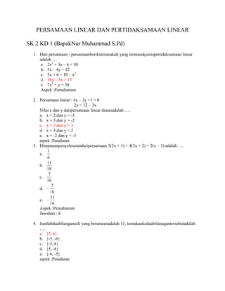 PERSAMAAN LINEAR DAN PERTIDAKSAMAAN LINEAR
SK 2 KD 1 (BapakNur Muhammad S.Pd)
1. Dari persamaan - persamaanberikutmanakah yang termasukjenispertidaksamaan linear
adalah ….
a. 2x2
+ 3x – 6 < 48
b. 3x – 4y = 12
c. 3x + 6 = 10 – x2
d. 10y – 5x > 15
e. 7x2
+ y = 30
Aspek :Pemahaman
2. Persamaan linear : 4x – 3y +1 = 0
2y = 12 – 3x
Nilai x dan y daripersamaan linear diatasadalah ….
a. x = 2 dan y = -3
b. x = 3 dan y = -2
c. x = 2 dan y = 3
d. x = 3 dan y = 2
e. x = -2 dan y = -3
aspek :Penalaran
3. Himpunanpenyelesaiandaripersamaan 3(2x + 1) + 4(3x + 2) = 2(x – 1) adalah ….
a.
6
1
b.
18
11
c.
16
7
d.
16
7
e.
16
11
Aspek :Pemahaman
Jawaban : E
4. Jumlahduabilanganasli yang berurutanadalah 11, tentukankeduabilanagantersebutadalah
….
a. {5, 6}
b. {-5, -6}
c. {-5, 6}
d. {5, -6}
e. {-6, -5}
aspek :Penalaran
 