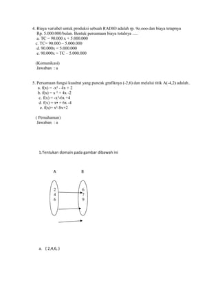 4. Biaya variabel untuk produksi sebuah RADIO adalah rp. 9o.ooo dan biaya tetapnya
Rp. 5.000.000/bulan. Bentuk persamaan biaya totalnya .....
a. TC = 90.000 x + 5.000.000
c. TC= 90.000 – 5.000.000
d. 90.000x = 5.000.000
e. 90.000x = TC – 5.000.000
(Komunikasi)
Jawaban : a
5. Persamaan fungsi kuadrat yang puncak grafiknya (-2,6) dan melalui titik A(-4,2) adalah..
a. f(x) = -x² - 4x + 2
b. f(x) = x ² + 4x -2
c. f(x) = -x²-6x +4
d. f(x) = x• + 6x -4
e. f(x)= x²-8x+2
( Pemahaman)
Jawaban : a
1.Tentukan domain pada gambar dibawah ini
A B
a. ( 2,4,6, )
2
4
6
6
7
9
 