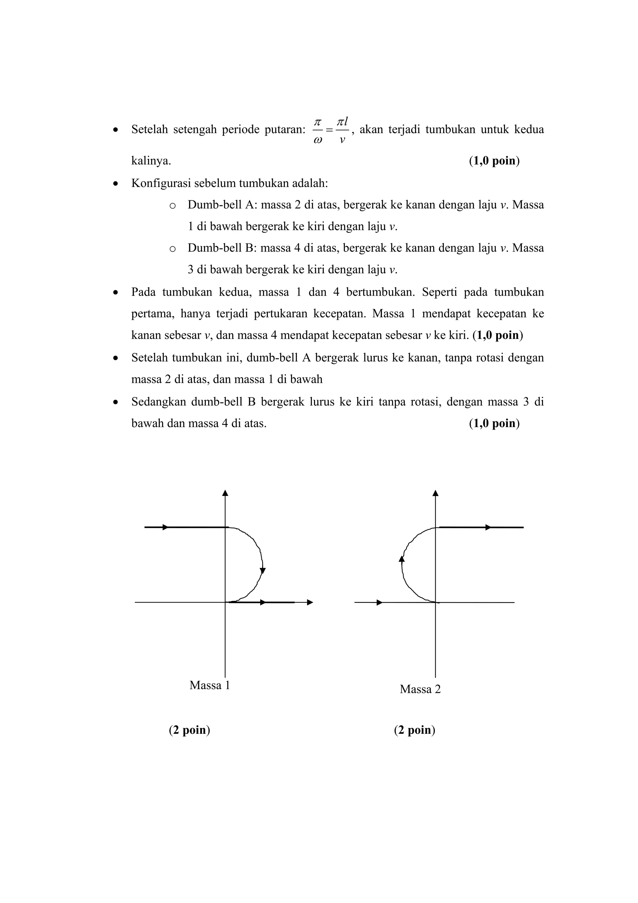 • Setelah setengah periode putaran:
l
v
π π
ω
= , akan terjadi tumbukan untuk kedua
kalinya. (1,0 poin)
• Konfigurasi sebelum tumbukan adalah:
o Dumb-bell A: massa 2 di atas, bergerak ke kanan dengan laju v. Massa
1 di bawah bergerak ke kiri dengan laju v.
o Dumb-bell B: massa 4 di atas, bergerak ke kanan dengan laju v. Massa
3 di bawah bergerak ke kiri dengan laju v.
• Pada tumbukan kedua, massa 1 dan 4 bertumbukan. Seperti pada tumbukan
pertama, hanya terjadi pertukaran kecepatan. Massa 1 mendapat kecepatan ke
kanan sebesar v, dan massa 4 mendapat kecepatan sebesar v ke kiri. (1,0 poin)
• Setelah tumbukan ini, dumb-bell A bergerak lurus ke kanan, tanpa rotasi dengan
massa 2 di atas, dan massa 1 di bawah
• Sedangkan dumb-bell B bergerak lurus ke kiri tanpa rotasi, dengan massa 3 di
bawah dan massa 4 di atas. (1,0 poin)
(2 poin) (2 poin)
Massa 2Massa 1
 
