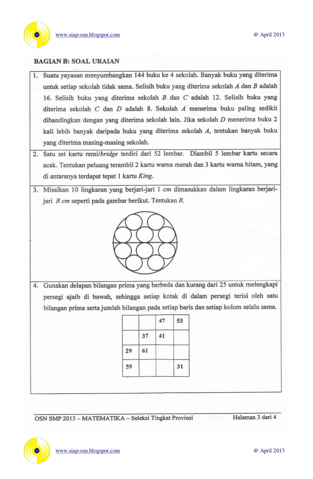 Soal osn matematika smp 2013 tingkat provinsi Soal osn matematika smp 2013 tingkat provinsi