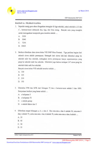 Soal osn matematika smp 2014 tingkat kabupaten