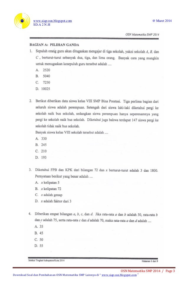 Soal Osn Matematika Smp 2014 Tingkat Kabupaten