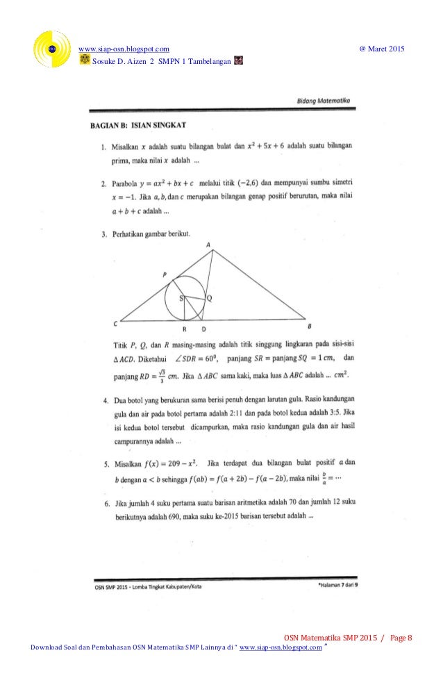 Soal osn matematika smp 2015 tingkat kabupaten