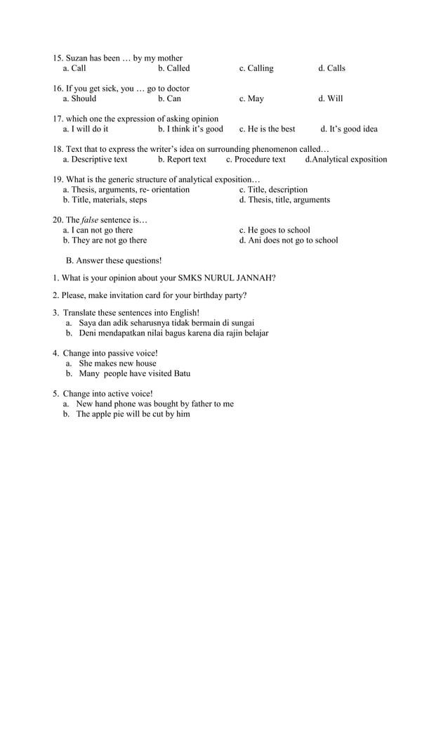 Contoh Soal Bahasa Inggris SMK Kelas XII Semester 1