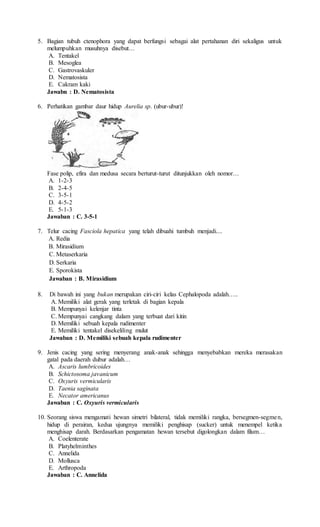 5. Bagian tubuh ctenophora yang dapat berfungsi sebagai alat pertahanan diri sekaligus untuk
melumpuhkan musuhnya disebut…
A. Tentakel
B. Mesoglea
C. Gastrovaskuler
D. Nematosista
E. Cakram kaki
Jawabn : D. Nematosista
6. Perhatikan gambar daur hidup Aurelia sp. (ubur-ubur)!
Fase polip, efira dan medusa secara berturut-turut ditunjukkan oleh nomor…
A. 1-2-3
B. 2-4-5
C. 3-5-1
D. 4-5-2
E. 5-1-3
Jawaban : C. 3-5-1
7. Telur cacing Fasciola hepatica yang telah dibuahi tumbuh menjadi....
A. Redia
B. Mirasidium
C. Metaserkaria
D. Serkaria
E. Sporokista
Jawaban : B. Mirasidium
8. Di bawah ini yang bukan merupakan ciri-ciri kelas Cephalopoda adalah…..
A. Memiliki alat gerak yang terletak di bagian kepala
B. Mempunyai kelenjar tinta
C. Mempunyai cangkang dalam yang terbuat dari kitin
D. Memiliki sebuah kepala rudimenter
E. Memiliki tentakel disekeliling mulut
Jawaban : D. Memiliki sebuah kepala rudimenter
9. Jenis cacing yang sering menyerang anak-anak sehingga menyebabkan mereka merasakan
gatal pada daerah dubur adalah…
A. Ascaris lumbricoides
B. Schictosoma javanicum
C. Oxyuris vermicularis
D. Taenia saginata
E. Necator americanus
Jawaban : C. Oxyuris vermicularis
10. Seorang siswa mengamati hewan simetri bilateral, tidak memiliki rangka, bersegmen-segmen,
hidup di perairan, kedua ujungnya memiliki penghisap (sucker) untuk menempel ketika
menghisap darah. Berdasarkan pengamatan hewan tersebut digolongkan dalam filum…
A. Coelenterate
B. Platyhelminthes
C. Annelida
D. Mollusca
E. Arthropoda
Jawaban : C. Annelida
 