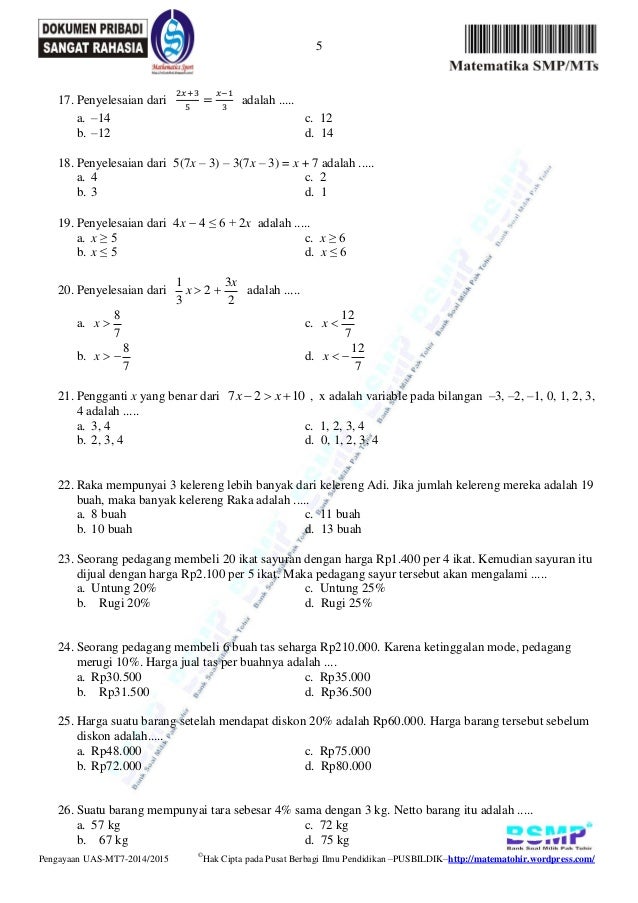 Soal Pengayaan Uas Matematika Kelas 7 Semester Genap 2015 Matematohi