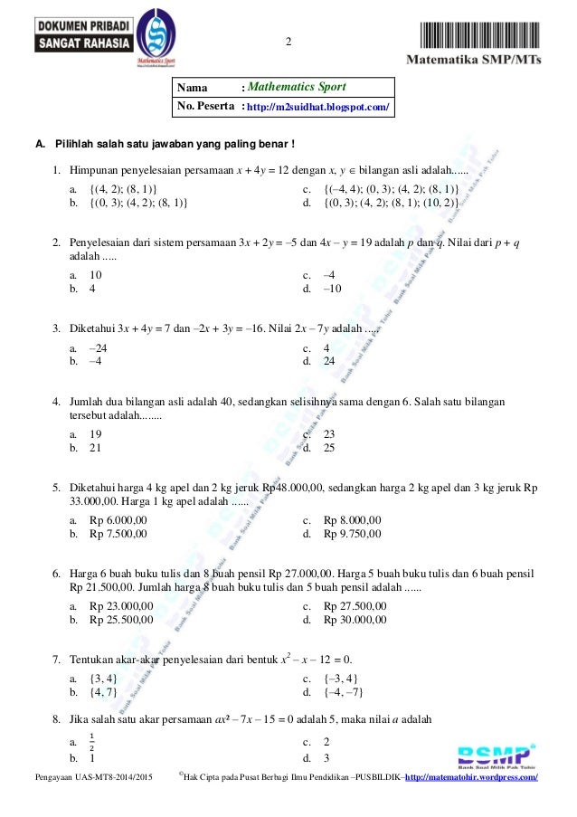Soal pengayaan uas matematika kelas 8 semester genap 2015 matematohi\u2026