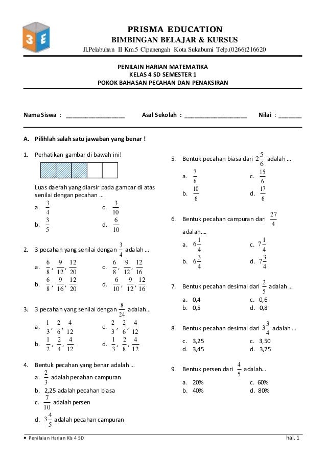 Soal matematika kelas 4 pecahan desimal dan persen