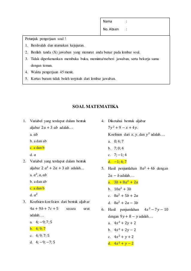 Soal Diagnosis Materi Aljabar Smp