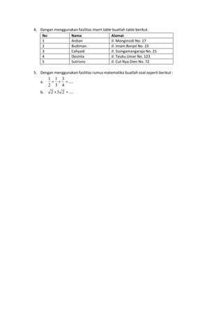 4. Dengan menggunakan fasilitas insert table buatlah table berikut.
No Nama Alamat
1 Ardian Jl. Monginsidi No. 17
2 Budiman Jl. Imam Bonjol No. 23
3 Cahyadi Jl. Sisingamangaraja No. 25
4 Desinta Jl. Teuku Umar No. 123
5 Sutrisno Jl. Cut Nya Dien No. 72
5. Dengan menggunakan fasilitas rumus matematika buatlah soal seperti berikut :
a. ....
4
3
3
1
2
1

b. 2 + 23 = ....
 