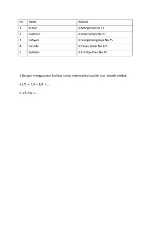 No Nama Alamat
1 Ardian Jl.Monginsidi No 17
2 Budiman Jl.Iman Bonjol No 23
3 Cahyadi Jl.Sisingamangaraja No 25
4 Desinta Jl.Teuku Umar No 123
5 Sutrisno Jl.Cut Nya Dien No 72
5.Dengan menggunakan fasilitas rumus matematika buatlah soal seperti berikut:
a.1/2 + 1/3 + 3/4 =....
b. √2+3√2 =....
 