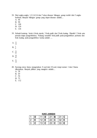 38. Dari angka-angka 1,2,3,4,5,6 dan 7 akan disusun bilangan genap terdiri dari 3 angka 
berbeda. Banyak bilangan genap yang dapat disusun adalah.... 
A. 60 
B. 90 
C. 108 
D. 120 
E. 126 
39. Sebuah kantong berisi 4 bola merah, 3 bola putih dan 2 bola kuning. Diambil 2 bola satu 
persatu tanpa pengembalian. Peluang terambil bola putih pada pengambilan pertama dan 
bola kuning pada pengambilan kedua adalah .... 
A. 
1 
12 
B. 
1 
6 
C. 
6 
81 
D. 
12 
81 
E. 
6 
10 
40. Seorang siswa harus mengerjakan 8 soal dari 10 soal, tetapi nomor 1 dan 3 harus 
dikerjakan. Banyak pilihan yang mungkin adalah.... 
A. 28 
B. 45 
C. 56 
D. 72 
E. 112 
KUNCI JAWABAN 
1 D 11 D 21 B 31 C 
2 E 12 E 22 C 32 E 
3 C 13 C 23 C 33 E 
 