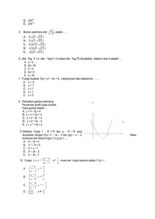 D. a2b6
E. a2b-6
5. Bentuk sederhana dari
A.
B.
C.
D.
E.

-2 ( 2( -2 (2 +
-2 (2 (2 -

adalah……

)
)
)
)
)

6. Jika 2log 3 = a dan 2 log 5 = b maka nilai 2log 75 dinyatakan dalam a dan b adalah ….
A.
B.
C.
D.
E.

a+b
2a + 2b
2+b
2a + b
a + 2b

7. Fungsi kudarat f(x) = x2 – 4x + 5 , mempunyai nilai maksimum ……
A. y = -5
B. y = -1
C. y = 7
D. y = 1
E. y = 5
8. Perhatikan gambar disamping
Persamaan grafik fungsi kuadrat
Pada gambar adalah….
A. y = x2 - 5x + 4
B. y = x 2 + 5x + 4
C. y = x2 - 5x + 4
D. y = x2 + 5x - 4
E. y = + 4x + 4

y

X

9. Diketahui fungsi f : R R dan g : R R yang
dinyarakan dengan f(x)= x2 – 3x – 5 dan g(x) = x – 2.
komposisi dari kedua fungsi ( f o g )(x) = ....
A. x2 – 3x + 5
B.
– 7x + 5
C. x2 + x – 7
D. x2 – 3x – 3
E. x2 – 3x – 7
10. Fungsi f ( x )
A.
B.
C.
D.

x

4

2x
2x

3
1

3x
3x

4
4

2x

3x

4

2x
3

1

1

,x
,x

2
4
3

,x

1
2

,x≠-

,x

1
2

invers dari fungsi tersebut adalah f–1(x) = ....

Maka

 