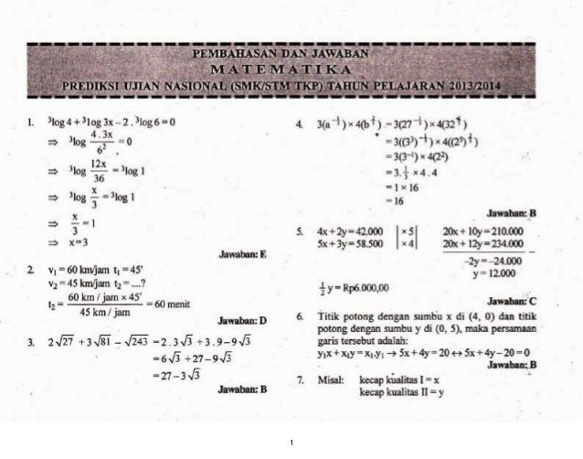 Kunci Jawaban Soal Prediksi Un Matematika Smk 2014