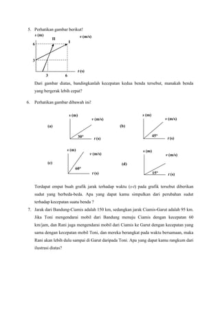 5. Perhatikan gambar berikut!
Dari gambar diatas, bandingkanlah kecepatan kedua benda tersebut, manakah benda
yang bergerak lebih cepat?
6. Perhatikan gambar dibawah ini!
Terdapat empat buah grafik jarak terhadap waktu (s-t) pada grafik tersebut diberikan
sudut yang berbeda-beda. Apa yang dapat kamu simpulkan dari perubahan sudut
terhadap kecepatan suatu benda ?
7. Jarak dari Bandung-Ciamis adalah 150 km, sedangkan jarak Ciamis-Garut adalah 95 km.
Jika Toni mengendarai mobil dari Bandung menuju Ciamis dengan kecepatan 60
km/jam, dan Rani juga mengendarai mobil dari Ciamis ke Garut dengan kecepatan yang
sama dengan kecepatan mobil Toni, dan mereka berangkat pada waktu bersamaan, maka
Rani akan lebih dulu sampai di Garut daripada Toni. Apa yang dapat kamu rangkum dari
ilustrasi diatas?
v (m/s)
t (s)
s (m)
63
3
6
II
I
15°
s (m)
t (s)
v (m/s)
(d)
s (m)
t (s)
v (m/s)
(c)
60°
t (s)
s (m)
v (m/s)
(a)
30°
s (m)
t (s)
v (m/s)
(b)
45°
 
