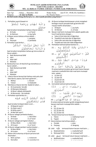 PENILAIAN AKHIR SEMESTER ( PAS ) GANJIL
TAHUN PELAJARAN : 2022/2023
MTs AL-IKHLAS PATROL LOR KEC. PATROL KAB. INDRAMAYU
Hari/ Tgl : Selasa,…. Desember 2022 Waktu/ Kelas :Jam 07.30 – 09.00, IX ( Sembilan )
Pelajaran : Al- Qur’an Hadits No. Peserta/ Nama : …………/……………………
I. Berilah tanda silang (X) huruf a, b, c, dan d pada jawaban yang benar !
‫مع‬
1. Perhatikan ayat di bawah ini
َ
‫ه‬‫م‬‫ح‬‫ر‬‫ىَو‬‫د‬‫ه‬‫َل‬‫ه‬‫ن‬‫ا‬‫و‬
َْ ‫م‬‫ل‬‫َل‬
َ
‫ن‬‫ي‬‫ن‬‫م‬
Ayat tersebut menjelaskan bahwa al Quran adalah ..
a. Al-Huda c. at-Tanzil
b. Ar-Rahman d. Asy-Syifa
2. Al-Bayan secara bahasa artinya adalah …
a. Obat c. penjelas
b. Petunjuk d. pembeda
3. Perhatikan ayat berikut …
‫اَال‬‫ن‬‫ل‬‫ز‬‫َن‬‫ن‬‫ح‬‫اَن‬‫ن‬‫ا‬
َ‫ر‬‫ك‬‫ذ‬
َ
‫ن‬‫و‬‫ض‬‫اف‬‫ح‬‫َل‬‫ه‬‫ال‬‫ن‬‫ا‬‫و‬
Ayat tersebut menjelaskan bahwa yg menurunkan al-
Quran adalah ..
a. Nabi Muhammad SAW
b. Jibril
c. Allah SWT
d. Malaikat
4. Berdasarkan Q.S. Al-Hijr(15):9 yg memelihara al-
Quran adalah …
a. Nabi Muhammad SAW
b. Jibril
c. Allah SWT
d. Malaikat
5. Lafad al-Quran berasal dari bahasa arab yaitu dari
kata Qoroa, yaqrou, Qur’anan yg berarti …
a. Wahyu c. bacaan
b. Tulisan d. kitabullah
6. Membaca al-Quran bernilai ibadah di sebut …
a. Al-muanazzalu ‘ala qlbi
b. Al-Manqulu bittawatiir
c. Al-Muta’ abbadu bittilawatih
d. Al-Munazzalu ‘ala maktabi
7. Perhatikan ayat berikut ini …
َ
‫ب‬‫ي‬‫ر‬‫ََل‬‫ب‬‫ت‬‫لك‬‫َا‬‫ك‬‫ل‬‫ذ‬
َ‫ه‬‫ي‬‫َف‬
‫ن‬‫ي‬‫ق‬‫ت‬‫م‬‫ل‬‫ىَل‬‫د‬‫ه‬
Ayat tersebut terdapat dalam surat …
a. Al-Baqarah ayat 2
b. An-Najm ayat 2
c. Al-Ikhlas ayat 2
d. Al-Mai’dah ayat 2
8. Al-Quran sebagai pembeda disebut …
a. Al-Kitab c. Adz-Dzikri
b. Al-Furqon d. at-Tanzil
9. Al-Quran sebagai peringatan disebut ….
a. Al-Mau’idhoh c. Adz-Dzikri
b. Al-Furqon d. at-Tanzil
10. Al-Quran sebagai pemberi nasihat disebut ….
a. Al-Mau’idhoh c. Adz-Dzikri
b. Al-Furqon d. at-Tanzil
11. Malam diturunkannya al-Quran pertama kali
dinamakan ..
a. Nisfu sya’ban c. muharram
b. Ramadlan d. nuzululqur’an
12. Al-Quran terdapat keistimewaan untuk mengobati
berbagai macam penyakit baik yg bersifat lahir
maupun bathin dinamakan …
a. Al-Bayan c. asy-Syifa
b. Al-Hikmah d. al-Huda
13. Bacaan mad lazim mutsaqal kilmi adalah apabila ada
huruf mad bertemu dengan …
a. Sukun di lain kata dan di idgomkan
b. Tasydid di satu kata dan di idgomkan
c. Sukun dlm satu kata dan di idgomkan
d. Tasydid satu kata dan tidak diidgomkan
14. Perhatikan kalimat-kalimat berikut ini …
(1) … َ
‫ء‬
َ
‫الئ‬
َ
‫ان‬
َ
َ
‫و‬
َ
‫ق‬
َ
‫د‬
َ
َ
‫ك‬
َ
‫ن‬
َ
‫ت‬
َ
‫م‬
َ
َ
‫ب‬
َ
‫ه‬
َ
َ
‫ت‬
َ
‫س‬
َ
‫ت‬
َ
‫ع‬
َ
‫ج‬
َ
‫ل‬
َ
‫و‬
َ
‫ن‬
َ
(2) … َ
‫ق‬
َ
‫ل‬
َ
َ
‫ء‬
َ
‫الذ‬
َ
‫ك‬
َ
‫ر‬
َ
‫ي‬
َ
‫ن‬
َ
َ
‫ح‬
َ
‫ر‬
َ
‫م‬
َ
َ
‫أ‬
َ
‫م‬
َ
َ
‫ا‬
َ
‫ل‬
َ
‫ن‬
َ
‫ث‬
َ
‫ي‬
َ
‫ي‬
َ
‫ن‬
َ
(3) … َ
‫ف‬
َ
‫ا‬
َ
‫ذ‬
َ
‫اَج‬
َ
‫اء‬
َ
ِ
َ
َ
‫الط‬
َ
‫اَم‬
َ
‫ت‬
َ
َ
‫ا‬
َ
‫لك‬
َ
‫ب‬
َ
‫ر‬
‫ى‬
(4) … َ
‫و‬
َ
‫َل‬
َ
‫ي‬
َ
‫و‬
َ
‫ث‬
َ
‫ق‬
َ
َ
‫و‬
َ
‫ث‬
َ
‫اق‬
َ
‫ه‬
َ
َ
‫ا‬
َ
‫ح‬
َ
‫د‬
َ
Di antara kalimat tersebut yg termauk hukum bacaan
mad lazim mukhafaf kilmi dan mad lazim mutsaqal
kilmi adalah ….
a. (1) dan (2)
b. (1) dan (3)
c. (1),(3) dan (4)
d. (1),(2) dan (4)
15. Cermatilah kalimat-kalimat berikut
(1) … َ
‫و‬
َ
‫الس‬
َ
‫م‬
َ
‫اء‬
َ
َ
‫ذ‬
َ
ِ‫ا‬
َ
َ
‫ا‬
َ
‫لب‬
َ
‫ر‬
َ
‫و‬
َ
‫ج‬
(2) … َ
َ
‫و‬
َ
‫ح‬
َ
‫د‬
َ
‫اء‬
َ
‫ق‬
َ
َ
‫غ‬
َ
‫ل‬
َ
‫ب‬
‫ا‬
َ
(3) … َ
َ
‫أ‬
َ
‫ن‬
َ
‫ج‬
َ
‫اء‬
َ
‫ه‬
َ
َ
‫ا‬
َ
‫ل‬
َ
‫ع‬
َ
‫م‬
َ‫ى‬
(4) … َ
َ
‫و‬
َ
‫و‬
َ
‫ج‬
َ
‫د‬
َ
َ
‫ك‬
َ
َ
‫ض‬
َ
‫اَل‬
َ
‫ف‬
َ
‫ه‬
َ
‫د‬
‫ى‬
Di antara kalimat tersebut yg tdk mengandung hukum
bacaan mad lazim mutsaqal kilmi adalah …
a. (4)
b. (1), (2) dan (3)
c. (1), (2) dan (4)
d. (1), (3) dan (4)
16. Tempat keluarnya huruf disebut …
a. Tahsin c. makharijul huruf
b. Tajwid d. tartil
17. Secara bahasa mad artinya adalah …
a. Pendek c. jelas
b. Panjang d. dengung
18. Lafal ‫طه‬ termasuk hukum bacaan mad lazim ….
a. Mukhofaf kilmi c. mukhofaf harfi
b. Mutsaqal kilmi d. mutsaqal harfi
19. Lafal ‫عسق‬ termasuk hukum bacaan mad lazim ….
a. Mukhofaf kilmi c. mukhofaf harfi
b. Mutsaqal kilmi d. mutsaqal harfi
20. Lafal َ
‫ا‬
َ
‫ل‬
َ
‫ح‬
َ
‫اق‬
َ
‫ة‬ termasuk hukum bacaan mad
lazim ….
 