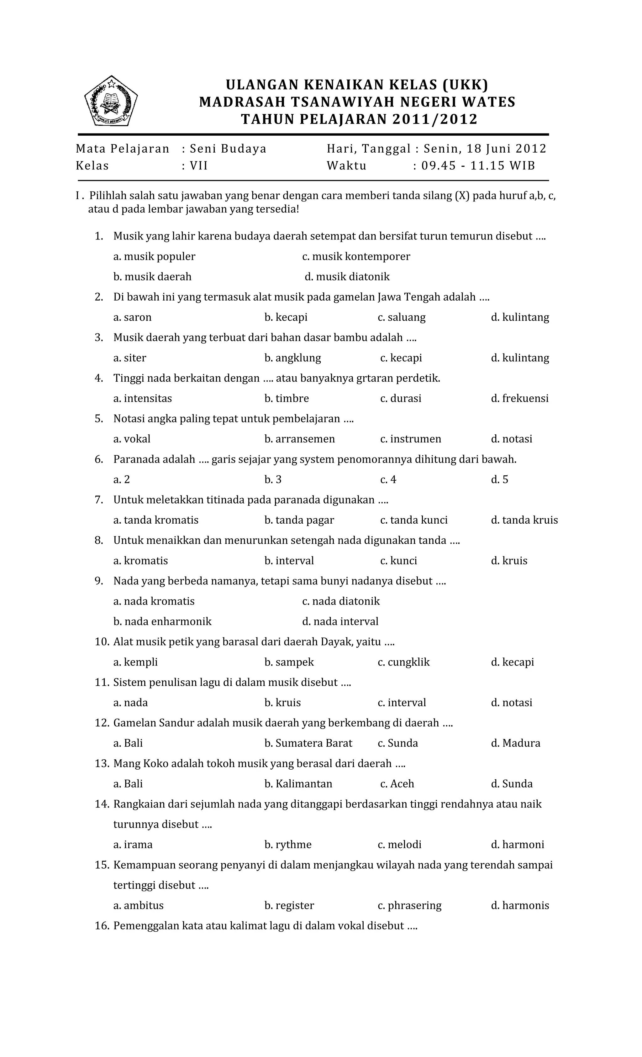 Buatlah 3 soal essay dari lks sbk kelas vii