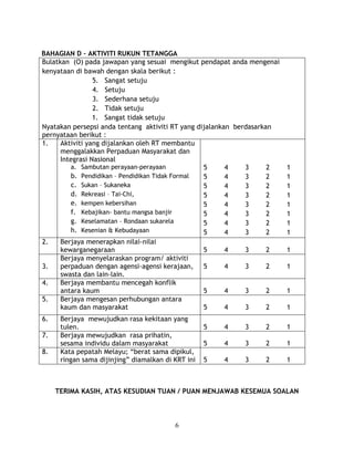 BAHAGIAN D – AKTIVITI RUKUN TETANGGA 
Bulatkan (O) pada jawapan yang sesuai mengikut pendapat anda mengenai 
kenyataan di bawah dengan skala berikut : 
6 
5. Sangat setuju 
4. Setuju 
3. Sederhana setuju 
2. Tidak setuju 
1. Sangat tidak setuju 
Nyatakan persepsi anda tentang aktiviti RT yang dijalankan berdasarkan 
pernyataan berikut : 
1. Aktiviti yang dijalankan oleh RT membantu 
menggalakkan Perpaduan Masyarakat dan 
Integrasi Nasional 
a. Sambutan perayaan-perayaan 
b. Pendidikan – Pendidikan Tidak Formal 
c. Sukan – Sukaneka 
d. Rekreasi – Tai-Chi, 
e. kempen kebersihan 
f. Kebajikan- bantu mangsa banjir 
g. Keselamatan – Rondaan sukarela 
h. Kesenian & Kebudayaan 
5 4 3 2 1 
5 4 3 2 1 
5 4 3 2 1 
5 4 3 2 1 
5 4 3 2 1 
5 4 3 2 1 
5 4 3 2 1 
5 4 3 2 1 
2. Berjaya menerapkan nilai-nilai 
kewarganegaraan 
5 4 3 2 1 
3. 
Berjaya menyelaraskan program/ aktiviti 
perpaduan dengan agensi-agensi kerajaan, 
swasta dan lain-lain. 
5 4 3 2 1 
4. Berjaya membantu mencegah konflik 
antara kaum 
5 4 3 2 1 
5. Berjaya mengesan perhubungan antara 
kaum dan masyarakat 
5 4 3 2 1 
6. Berjaya mewujudkan rasa kekitaan yang 
tulen. 
5 4 3 2 1 
7. Berjaya mewujudkan rasa prihatin, 
sesama individu dalam masyarakat 
5 4 3 2 1 
8. Kata pepatah Melayu; “berat sama dipikul, 
ringan sama dijinjing” diamalkan di KRT ini 
5 4 3 2 1 
TERIMA KASIH, ATAS KESUDIAN TUAN / PUAN MENJAWAB KESEMUA SOALAN 
